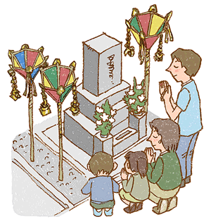 A family praying at the ancestral grave